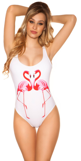 Trendy zwempak-badpak met flamingo print wit